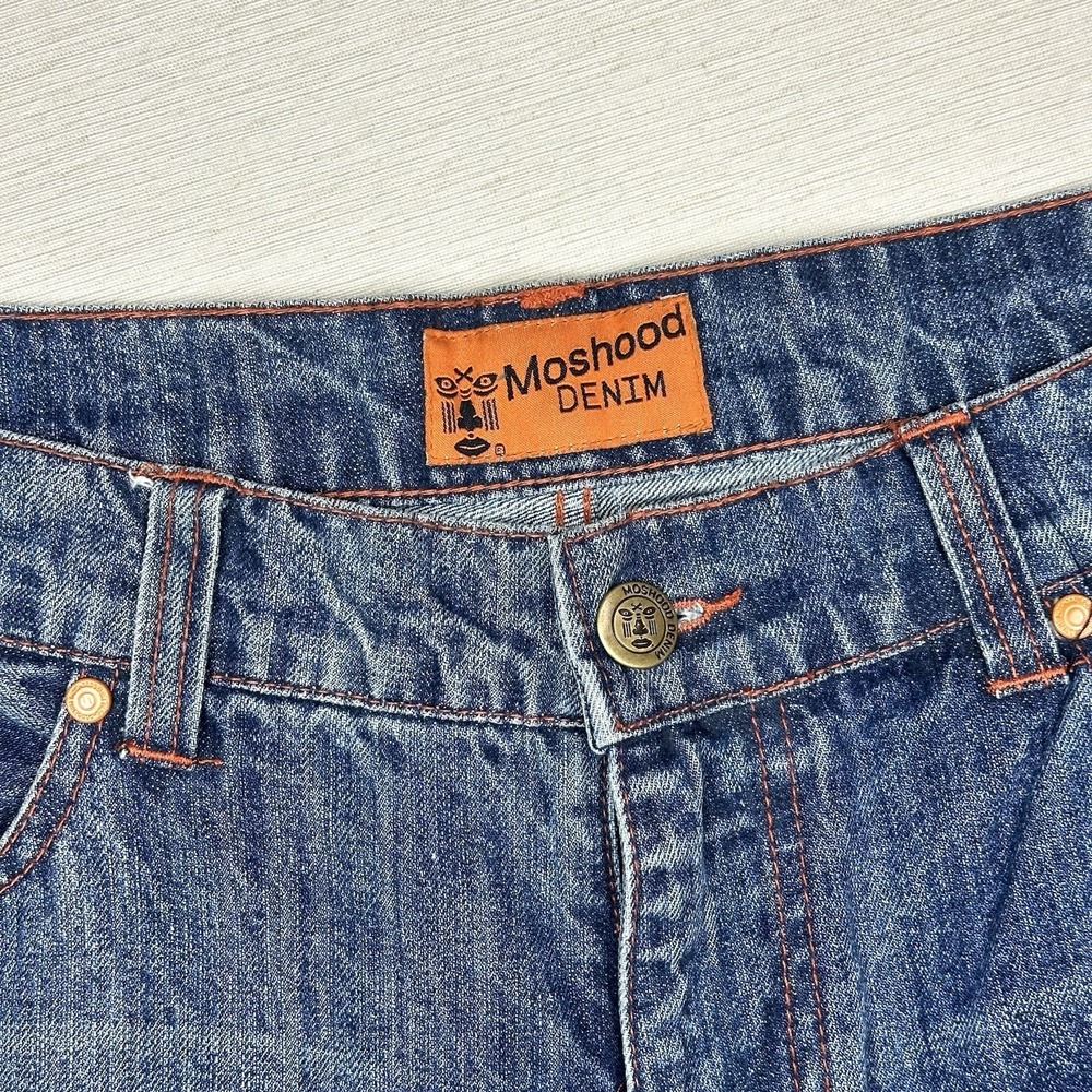 Moshood Denim Wide Leg Embroidered Jeans Raw Edge Cuff Men 39x29 Med Wash - Picture 5 of 13